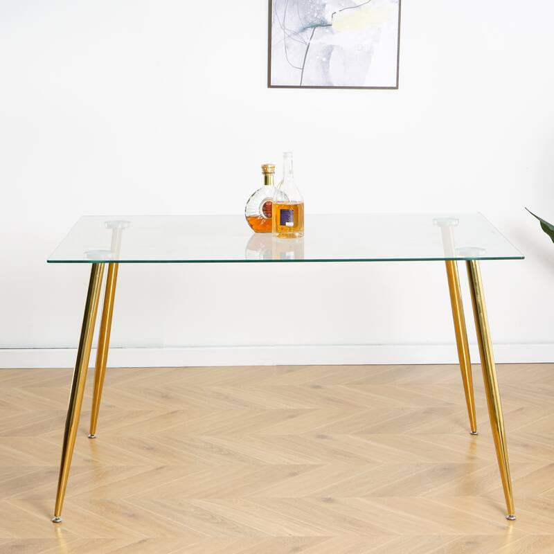 Modern Kitchen Glass Dining Table 51" Rectangular Tempered Glass Table Top, Clear Dining Table Metal Legs