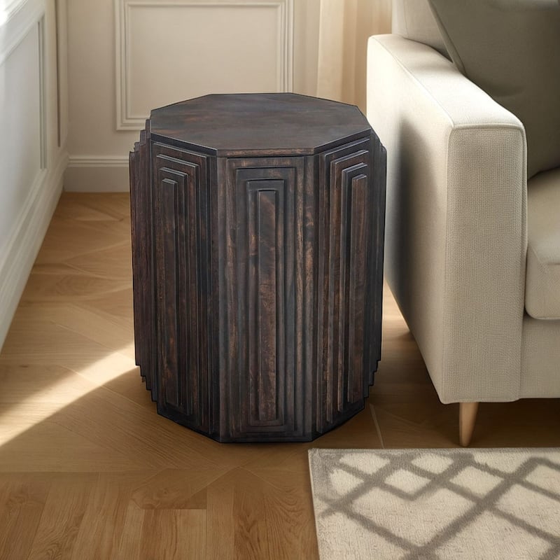 Geometric Design Octagonal Side Table - Solid Mango Wood Artisan Handcrafted Wood Furniture