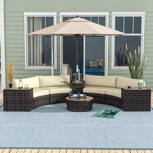 slide 2 of 8, Outsunny 8 Piece Patio Furniture Set with 4 Rattan Sofa Chairs & 4 Tables, Outdoor Conversation Set with Storage & Umbrella Hole Brown