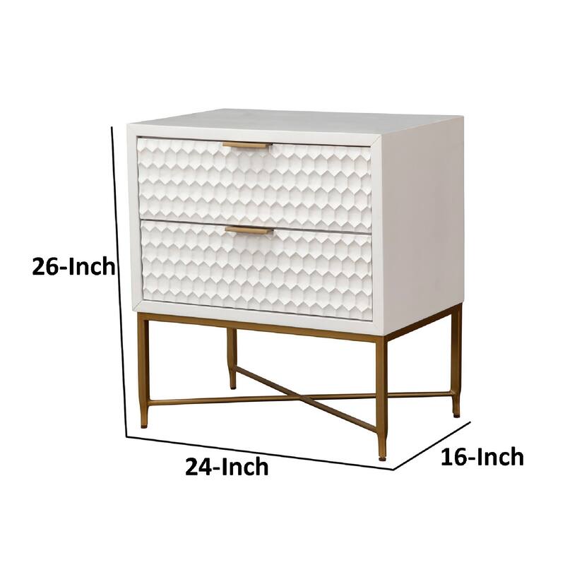 Rexi 26 Inch 2 Drawer Nightstand, Honeycomb, Mahogany Wood, White, Gold