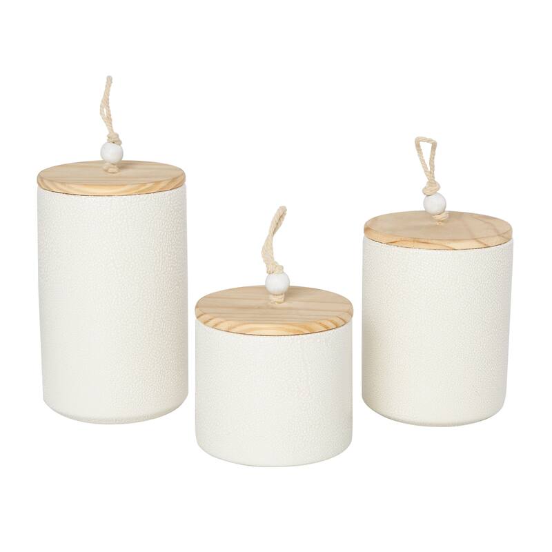 Cream or Blue Ceramic Canisters with Brown Wood Lids and Beaded Accents (Set of 3)