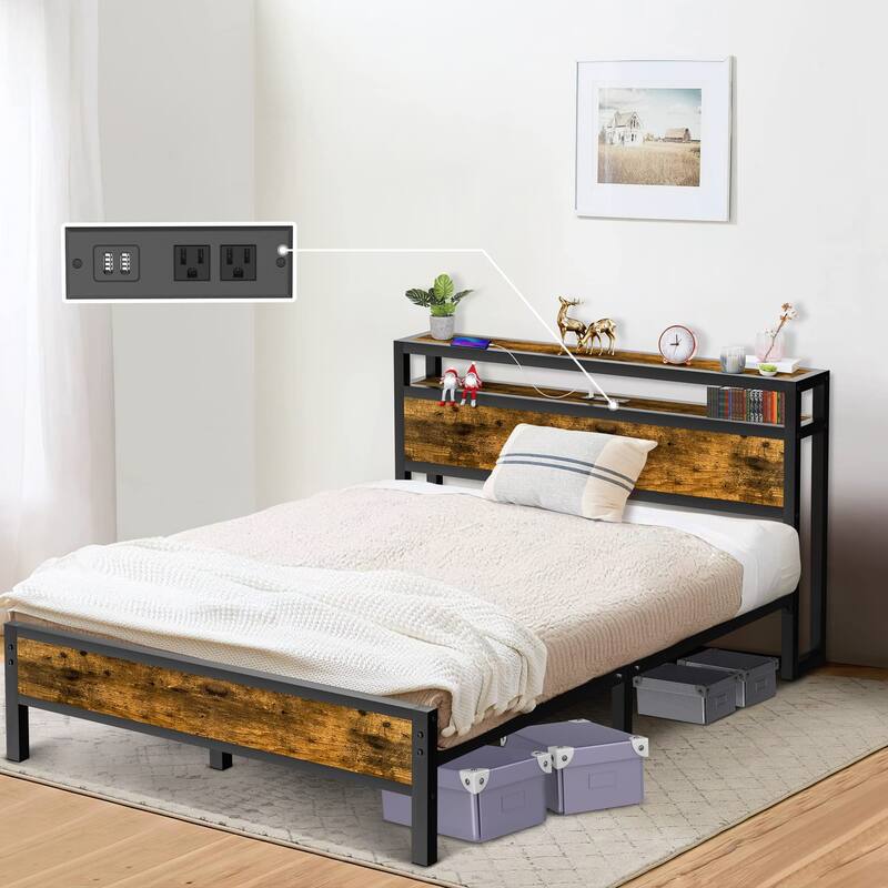Bed Frame with Charging Station No Box Spring Needed - Queen