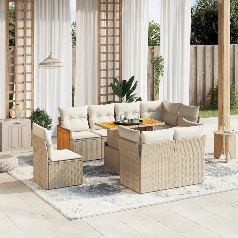 vidaXL Patio Sofa Set with Cushions Outdoor Furniture 9 Piece Poly Rattan - Beige and cream - 21.7 x 39.4 x 28.7 in