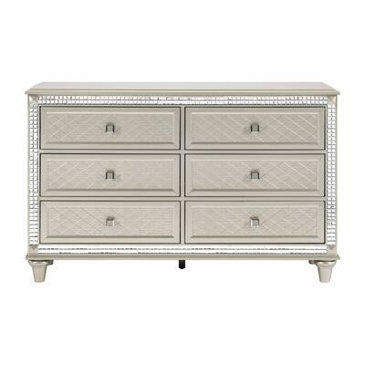 Luxury Champagne Finish Dresser of 6 Drawers 1pc Glamorous Crystal Diamond Pattern Knobs Stylish Bedroom Furniture