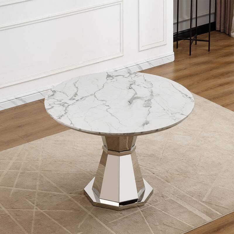 GDFStudio - Jane Series 47" Round Marble Dining Table and Stainless Steel Base for Dining Room, Kitchen