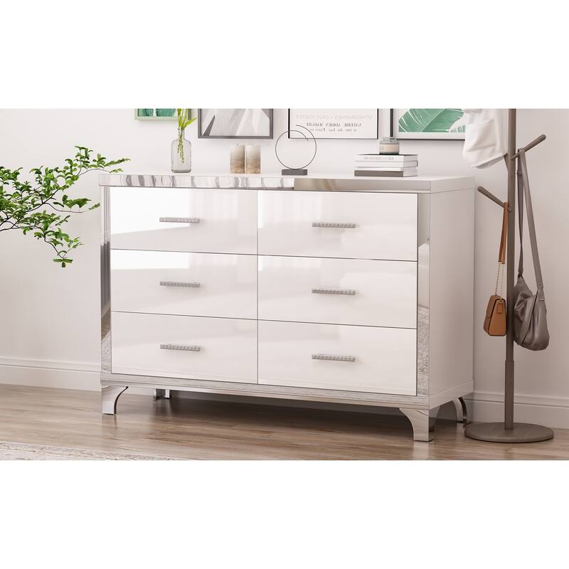 Elegant High Gloss Dresser with Metal Handle,Mirrored Storage Cabinet with 6 Drawers for Bedroom