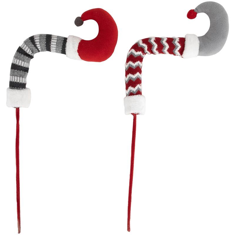 Set of 2 Gray and Red Plush Elf Leg Christmas Picks 30"