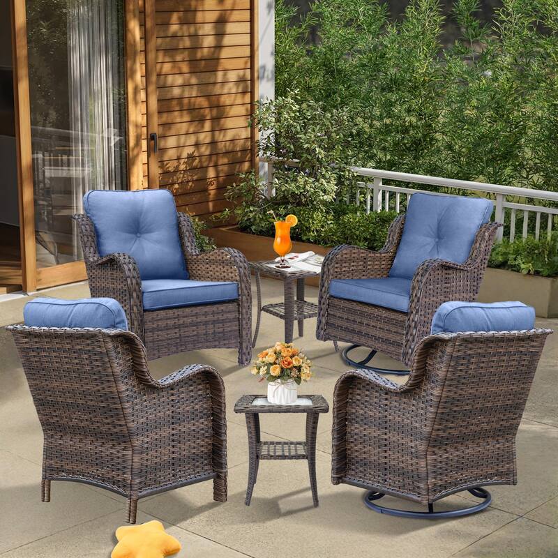 6-piece Outdoor Patio Wicker Swivel Rocker Chairs Set with Side Table - Denim Blue