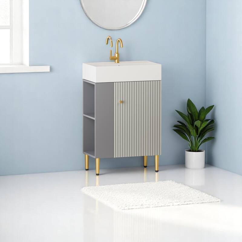 21.6" Open-Shelving Bathroom Vanity with Ceramic Sink, Soft-Closing Door, Brushed Copper Accents, Compact Storage Cabinet