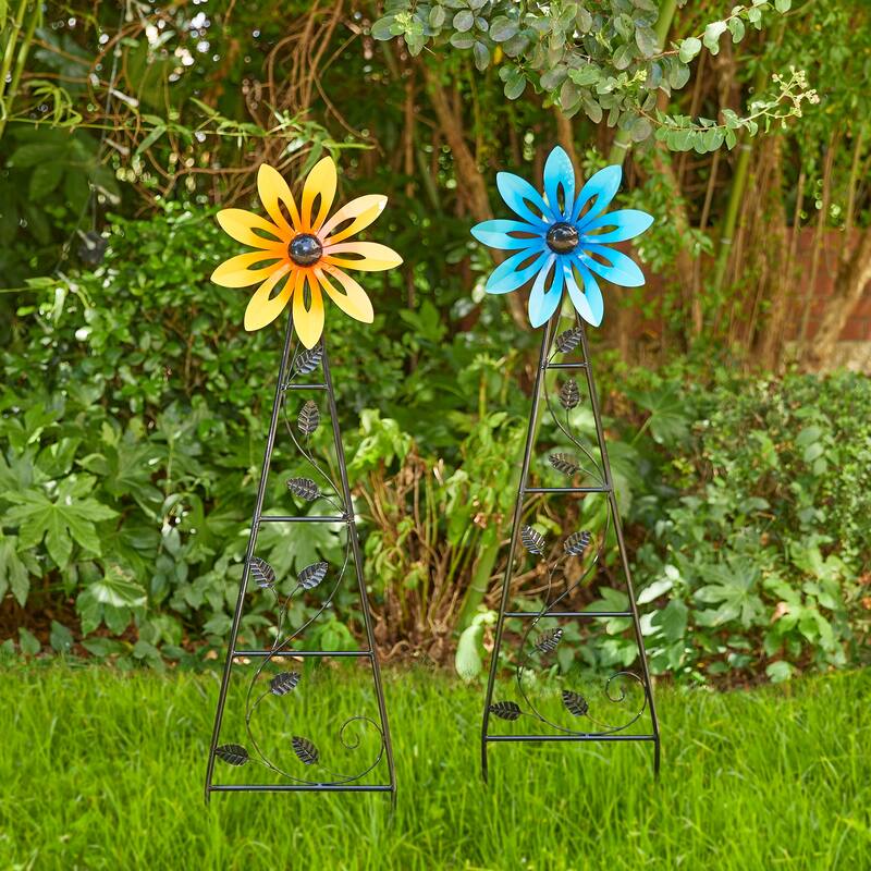 Glitzhome 44"H Glossy Painted Metal Yellow//Blue/Orange/Red Flower Wind Spinner Yard Stake