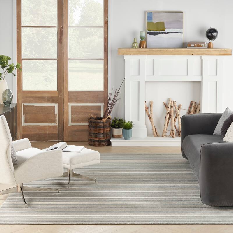 Nourison Marmara Contemporary Coastal Stripe Linear Area Rug - 7'10" x 9'10" - Grey Ivory Teal - Rectangle