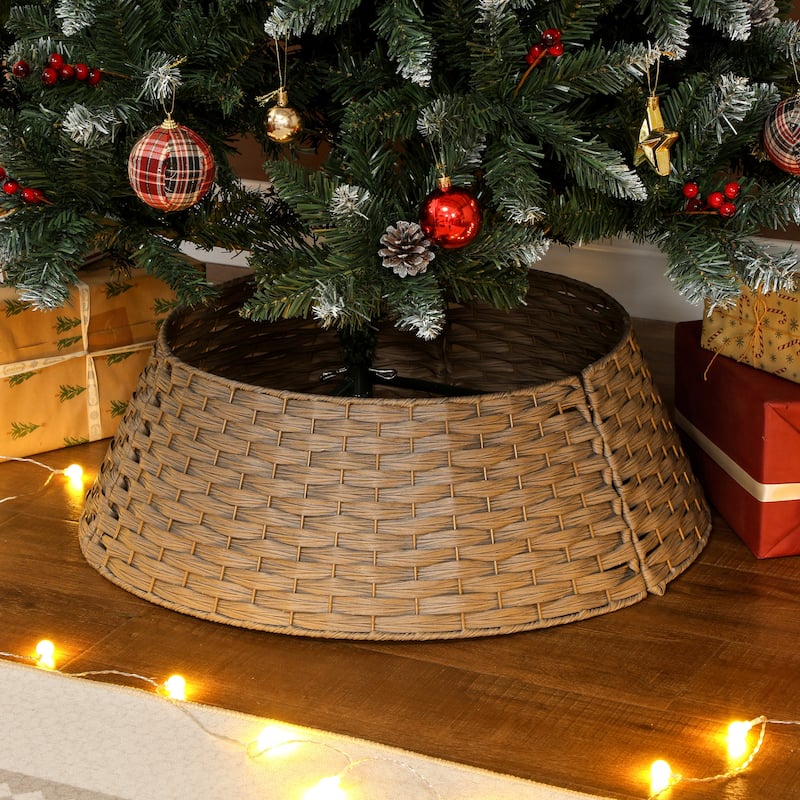 HOMCOM 27 inch Rustic Christmas Tree Collar, Plastic Woven Christmas Tree Skirt, Base Cover for Party, Holiday, Home Decoration