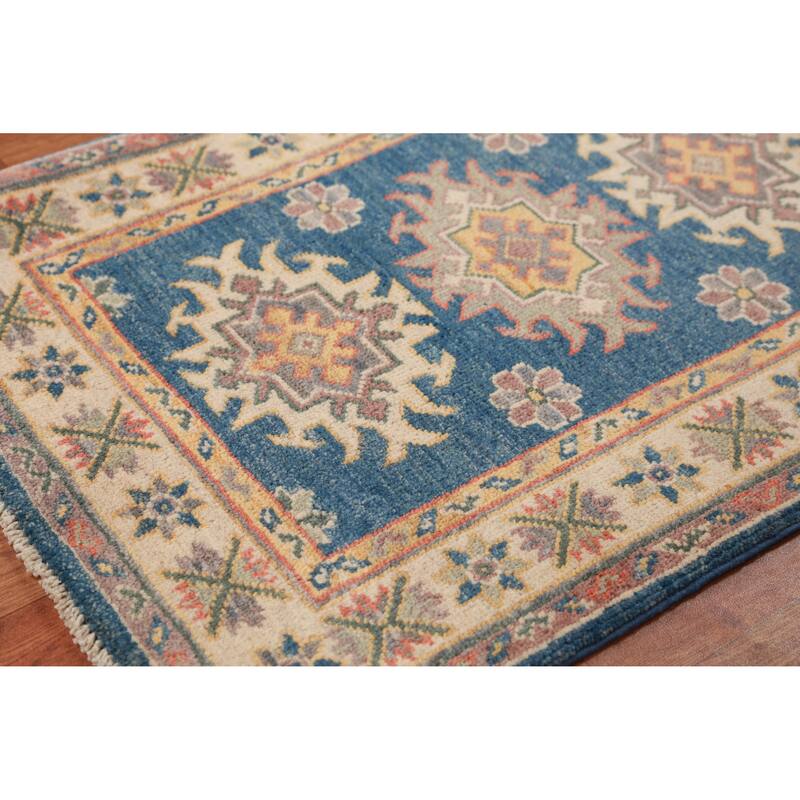 Blue Geometric Kazak Oriental Accent Foyer Rug Handmade Wool Carpet - 2'0"x 3'0"