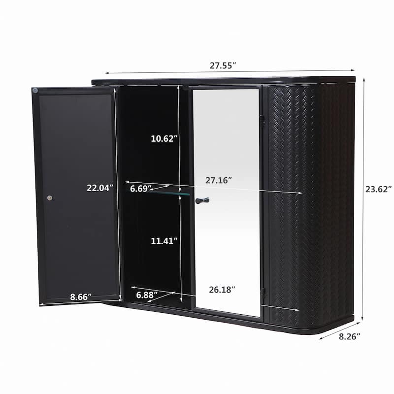 Wall-Mounted Bathroom Cabinet with Mirror,2 Mirrored Doors & Open Shelf,Farmhouse Metal Frame Storage