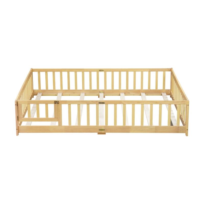 Twin/Full/Queen Size Floor Bed with Fence Guardrails and Door, Rubber Wood Toddler Bed Montessori Bed with Slats Support