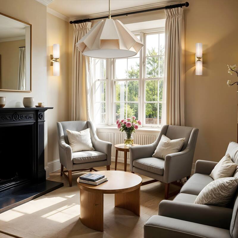 Geometric Modern Pendant Light - Metal, Fabric & Gold, Ivory Geometric Light Fixture For Modern, Coastal, Minimalist Room Decor