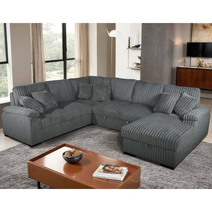 U-Shaped Sectional Sofa Bed with Storage Chaise and Pillows, Corduroy Fabric Convertible Right Facing Sofa - Grey