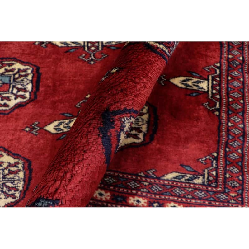Tribal Bokhara Mercedes Red Blue Hand Knotted Rug - 4'1'' x 6'1''