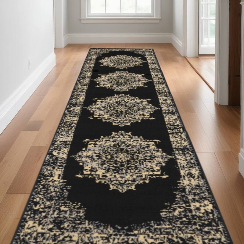 Ruji Power Loomed Durable Area Rug By HomeRoots - 144' X '27' X '0.5 - 144' X '27' X '0.5 - Black and Ivory - Runner