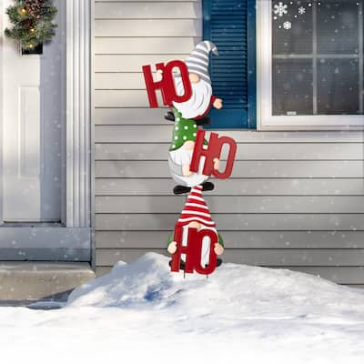 Glitzhome 51"H Christmas Metal "HOHOHO" Gnome Yard Stake or Wall Decor - Multi-color