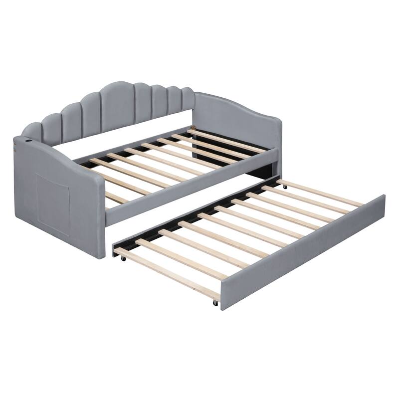 Upholstered Twin Daybed with Trundle and Built-in USB Charging Station