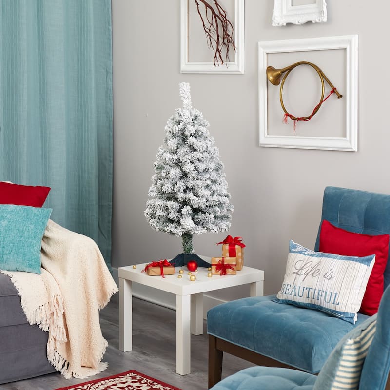 3' Pre-Lit Rock Spruce Flocked Artificial Christmas Tree, Clear LED Lights - 3 Foot