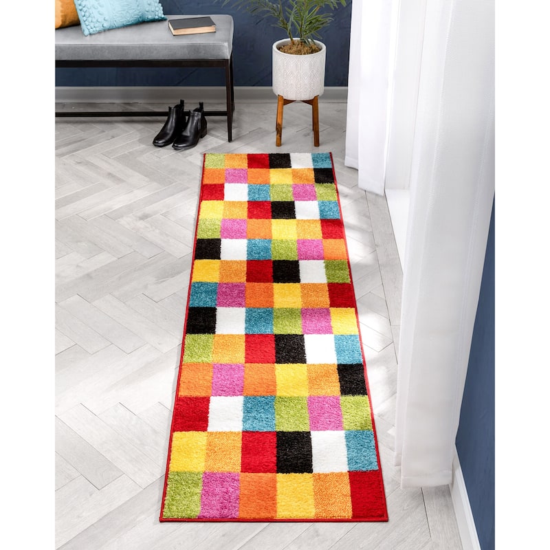 Well Woven Bright Geometric Square Checkered Kids Multi Runner Rug - 2' x 7'