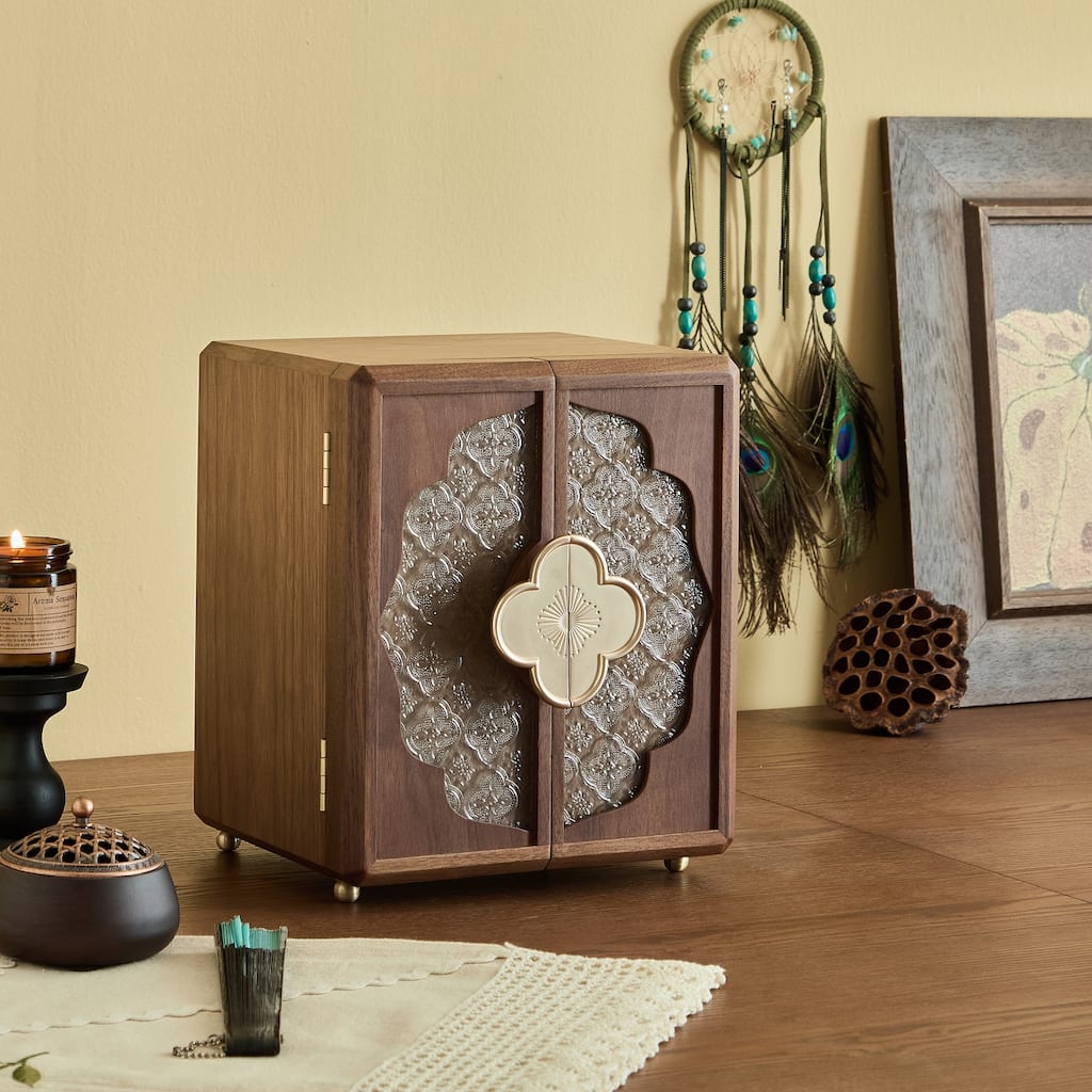Handmade 5-Layer Jewelry Box – Black Walnut Wood with Velvet Interior, Magnetic Doors, Gold Handle – Elegant Storage - 9 in