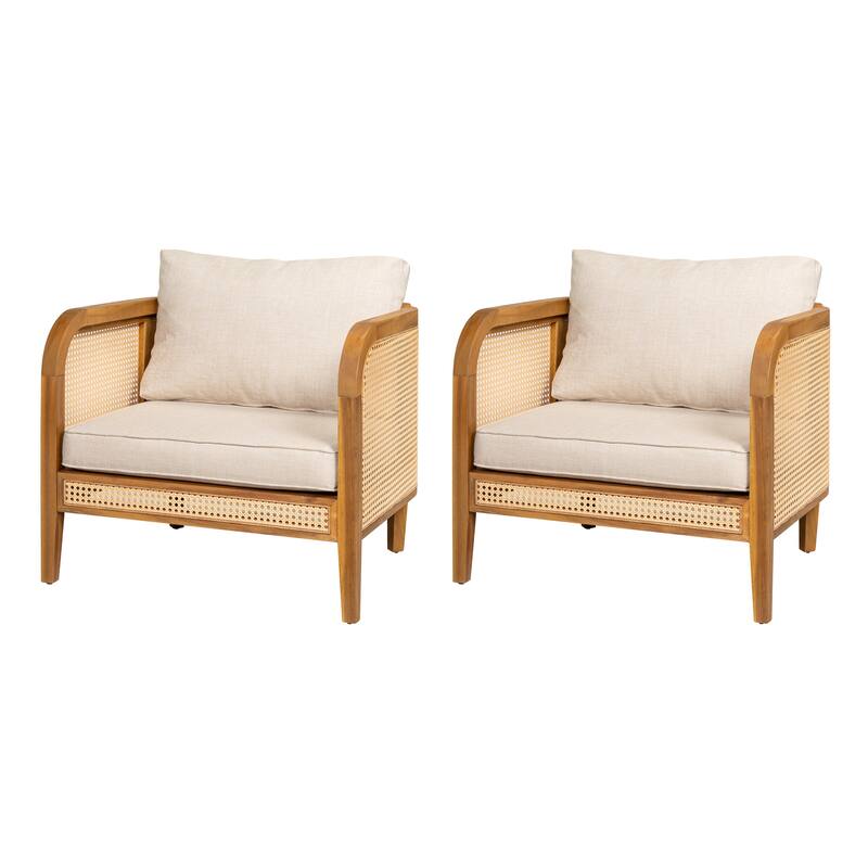 Roomfitters Kirkby Outdoor Acacia Wood Arm Chair with Wicker Back and Cushion, Teak Finish and Beige