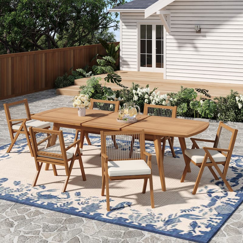 Christopher Knight Home- Lysander 7 Piece Acacia Wood Outdoor Dining Set - Teak Finish+Grey Rope+Cream Cushion