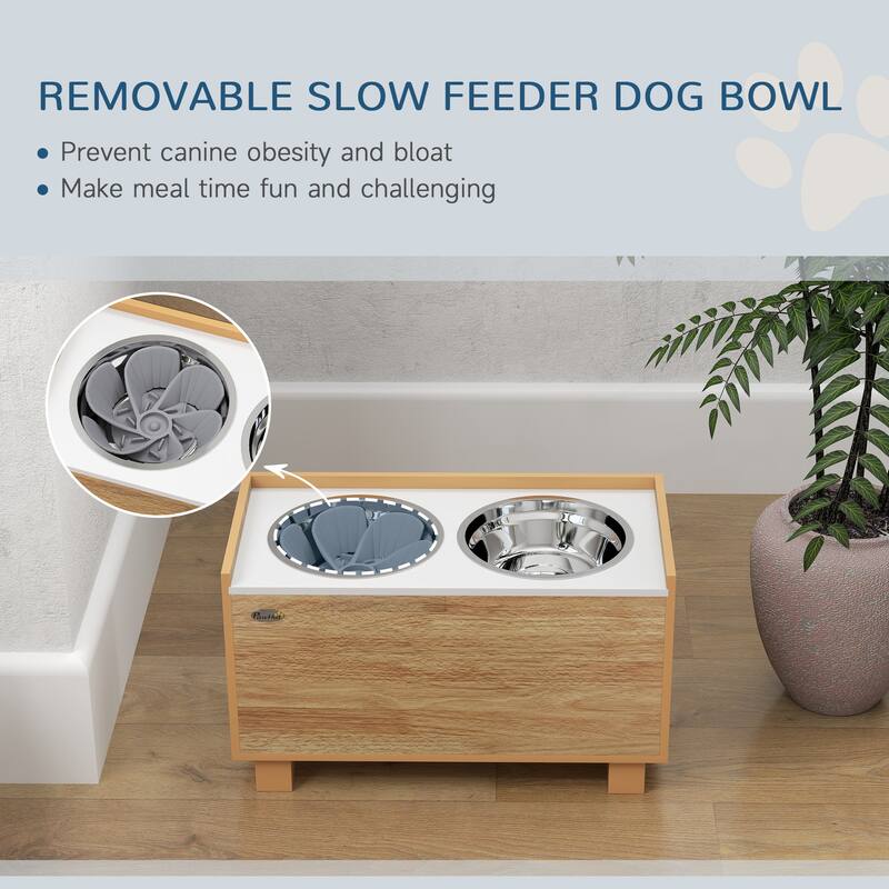 PawHut Elevated Dog Bowls, 14" H Raised Dog Bowl Stand with Removable Slow Feeder Dog Bowl, Oak