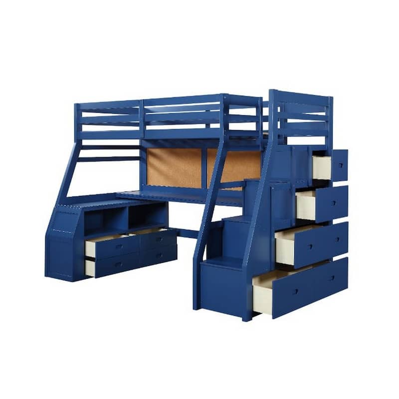 Twin Loft Bed with 9 Drawers and Inbuilt Ladder, Blue