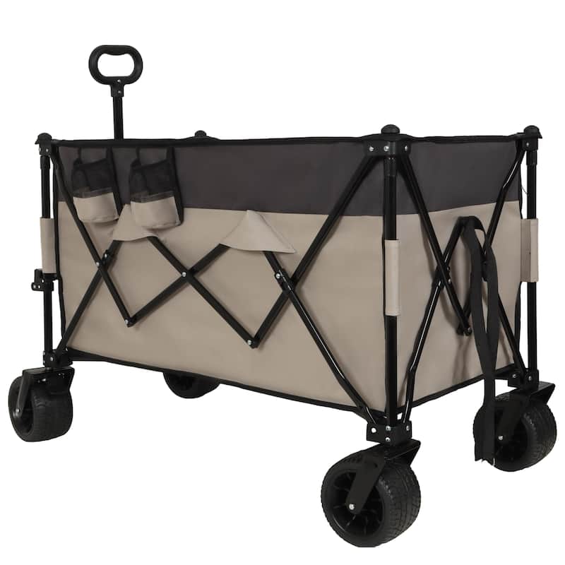 Tall Heavy-Duty Folding Wagon Cart with 480lbs Capacity - All-Terrain Wheels, Side Pockets, Brakes & Drink Holders - Khaki/Grey