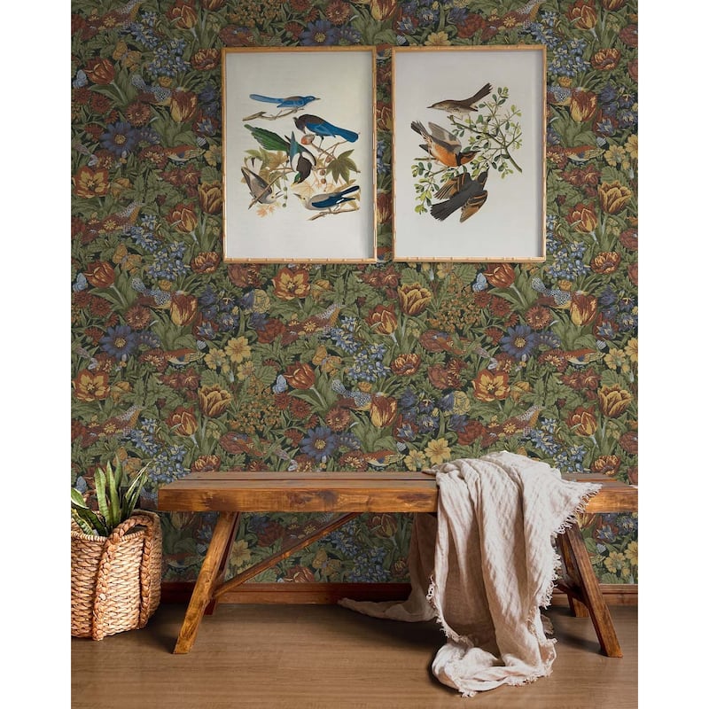 NextWall Bird Floral Peel and Stick Wallpaper