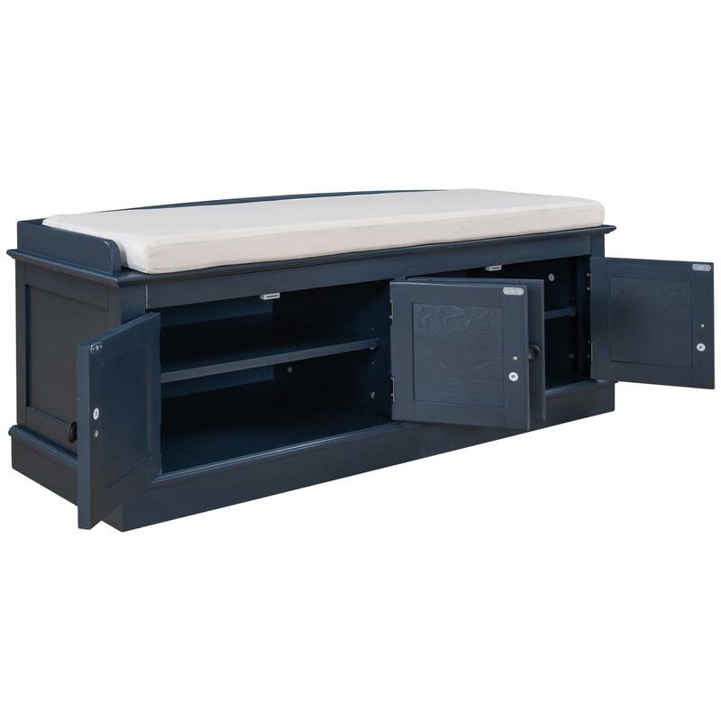 Storage Shoes Bench with 4 Doors and Adjustable Shelves, Removable Cushion