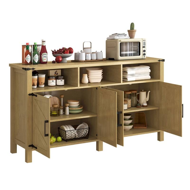 Modern 4-Door Sideboard Buffet with Power Outlets Adjustable Shelves and Half-Open Storage Design