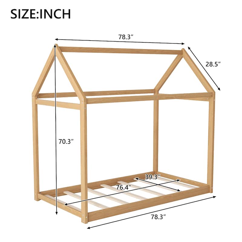 Twin Size Pine Wood Kids' House-Shaped Bed Frame with Durable MDF Construction