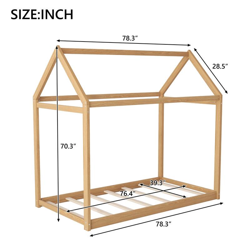 Twin Size Wooden House Bed Frame for Kids, Pine Wood Playhouse Bed with Roof Design, No Box Spring Needed