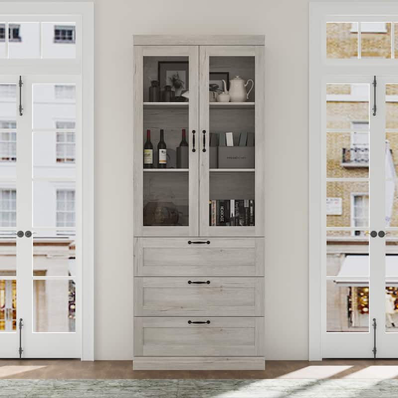 Bookcase Cabinet with Glass Doors and Drawers Multi-Purpose Storage Display Hutch for Living Room or Dining Room - 31.5"Wonly