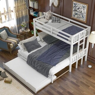 Twin over Pull-out Bunk Bed with Trundle, Accommodate 4 People, White