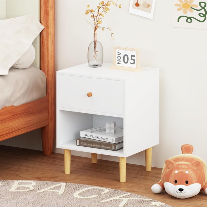 Wooden Nightstand with Drawer, Chair Side End Table with Wooden Legs, Couch Side Table with Open Storage Shelf
