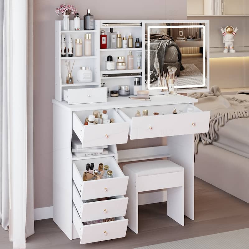 Versatile Desktop Vanity Table with Cushioned Stool and Advanced LED Mirror