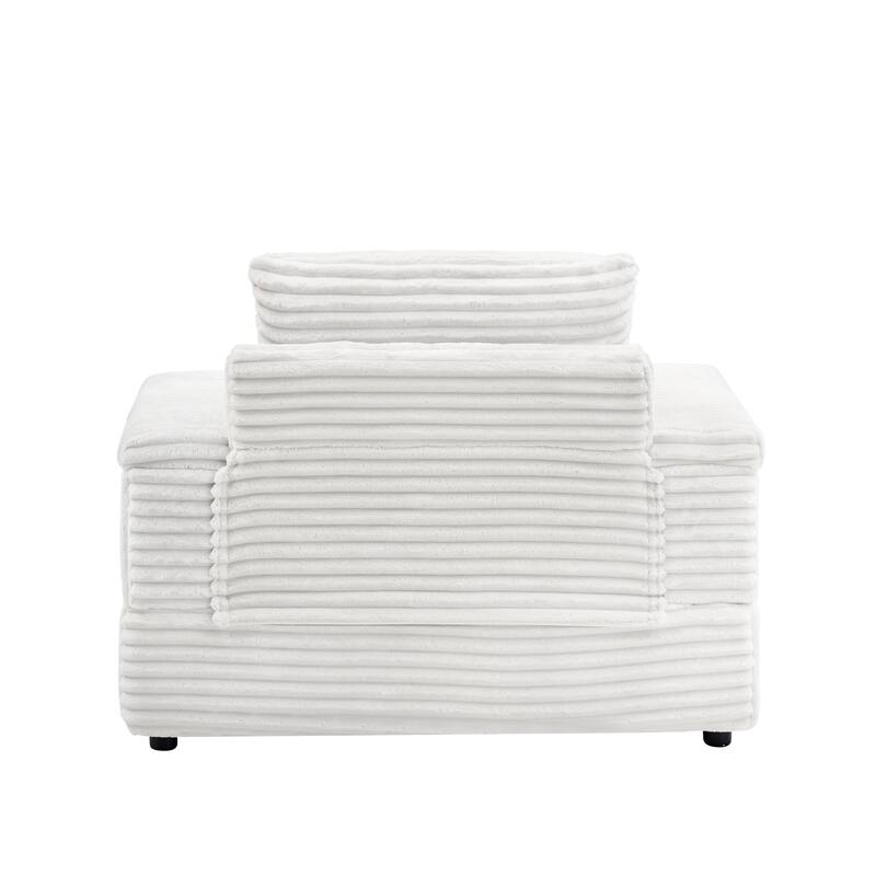 White Corduroy Single Sofa with Pillows and Ottoman