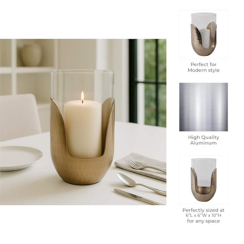 Decorative Glass Hurricane Candle Holder with Metal Base - Gold & Clear