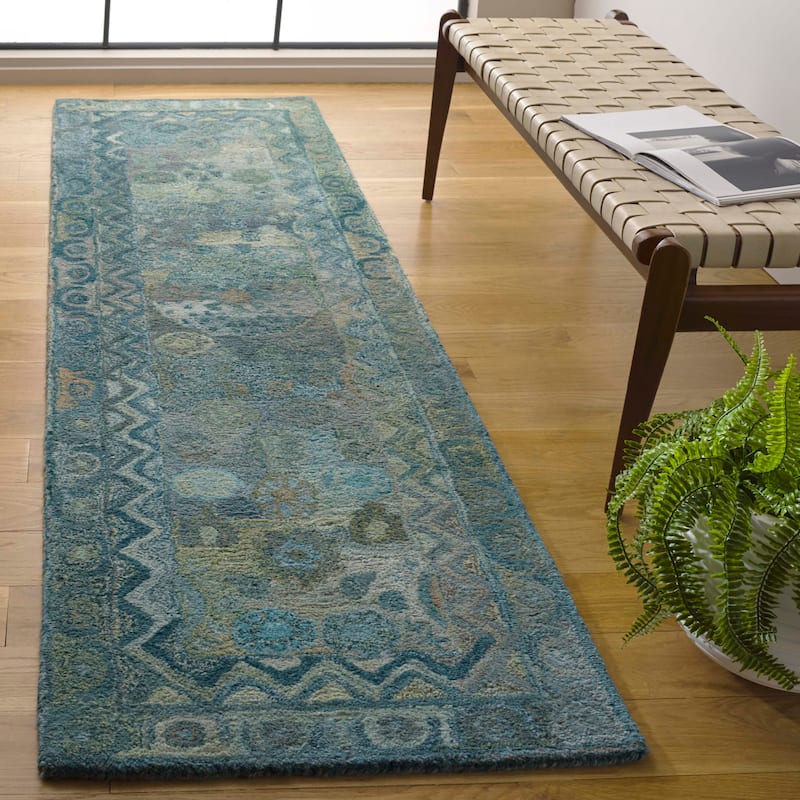 SAFAVIEH Handmade Anatolia Ramzia Traditional Rug - 2'3" x 11' Runner - Aqua/Green