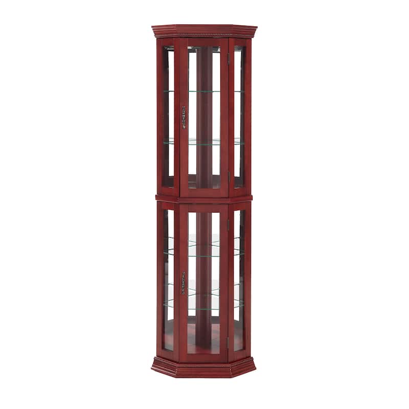 Lighted Corner Curio Cabinet, Curved Wooden Display Cabinet, Bar Cabinet with Adjustable Shelves & Tempered Glass Doors