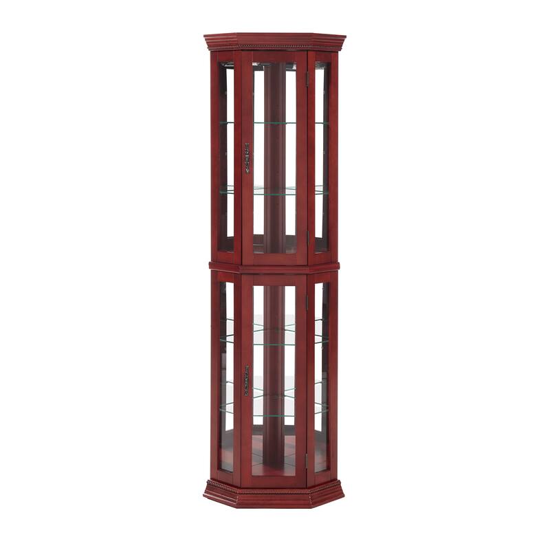 Sophisticated Cherry or Oak Corner Curio Sideboard Buffet Cabinet with Glass Display Shelves, Lighting System, Metal Handles