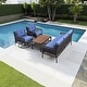preview thumbnail 1 of 11, 4-Piece Rattan Sectional Conversation Set with 360° Swivel Chairs, 3-Seat Sofa & Wood-Top Coffee Table Blue