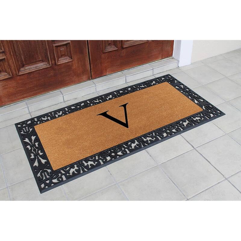 A1HC Rubber and Coir Paisley Border Heavy Duty Non-Slip Durable Double Door Monogrammed Doormat 30"X60", Black