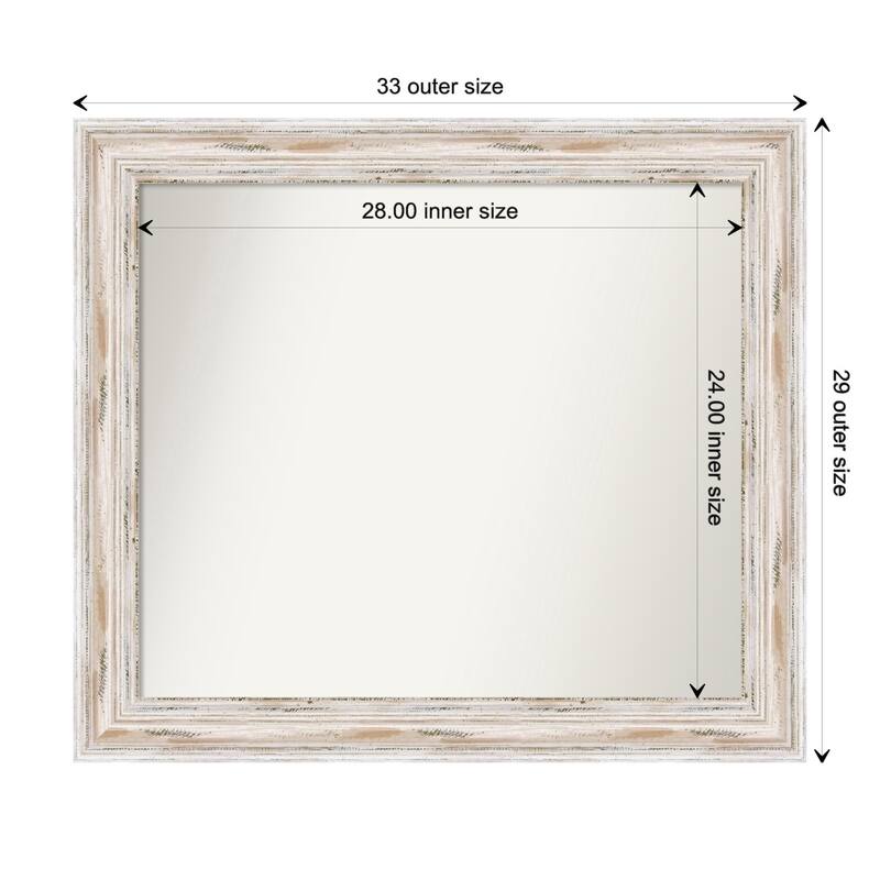 Alexandria White Wash Framed Non-Beveled Custom Wall Mirror, Bathroom Vanity Mirror - Outer Size: 33.25 x 29.25